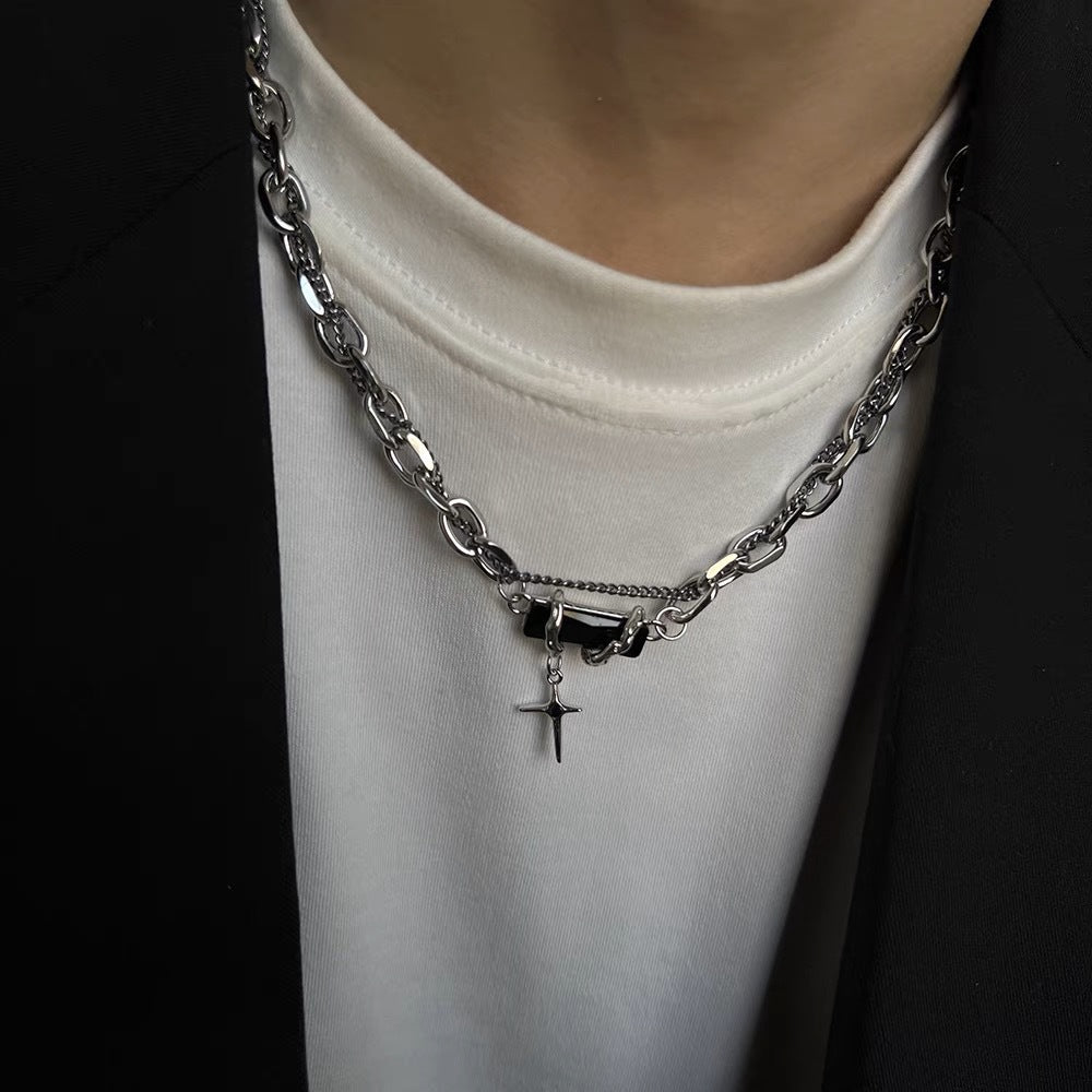 Cross Zircon Non-Fading Titanium Steel Necklace Men's All-Match High Sense Cuban Link Chain Hip Hop Niche Necklace Necklace Fashion