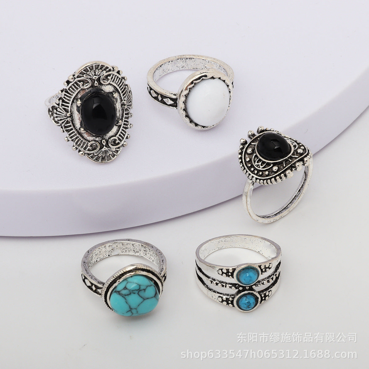 Bohemian Retro Ethnic Style Inlaid Black Onyx Opal Turquoise5Set of Knuckle Ring Ring