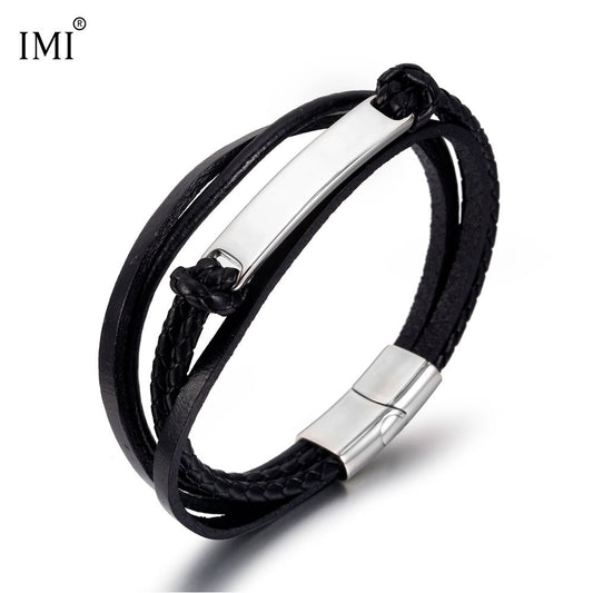 Vintage Black Woven Stainless Steel Men's Bracelet Simple Glossy Leather Bangle Bracelet