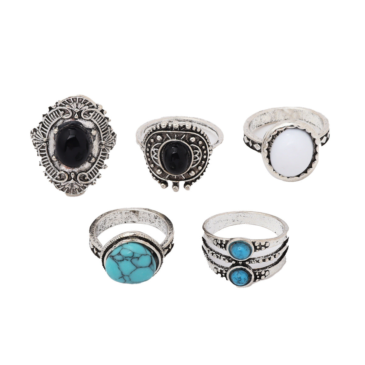 Bohemian Retro Ethnic Style Inlaid Black Onyx Opal Turquoise5Set of Knuckle Ring Ring