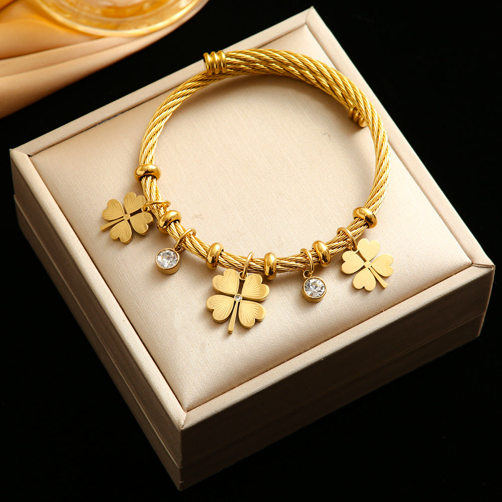 Stainless Steel Double-Sided Clover Bracelet Female Plate18KGold Titanium Stee