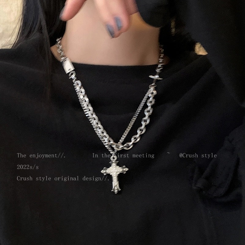 Cross Zircon Non-Fading Titanium Steel Necklace Men's All-Match High Sense Cuban Link Chain Hip Hop Niche Necklace Necklace Fashion