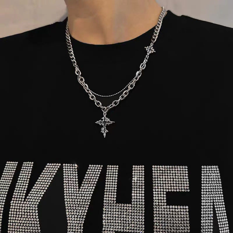 Cross Zircon Non-Fading Titanium Steel Necklace Men's All-Match High Sense Cuban Link Chain Hip Hop Niche Necklace Necklace Fashion