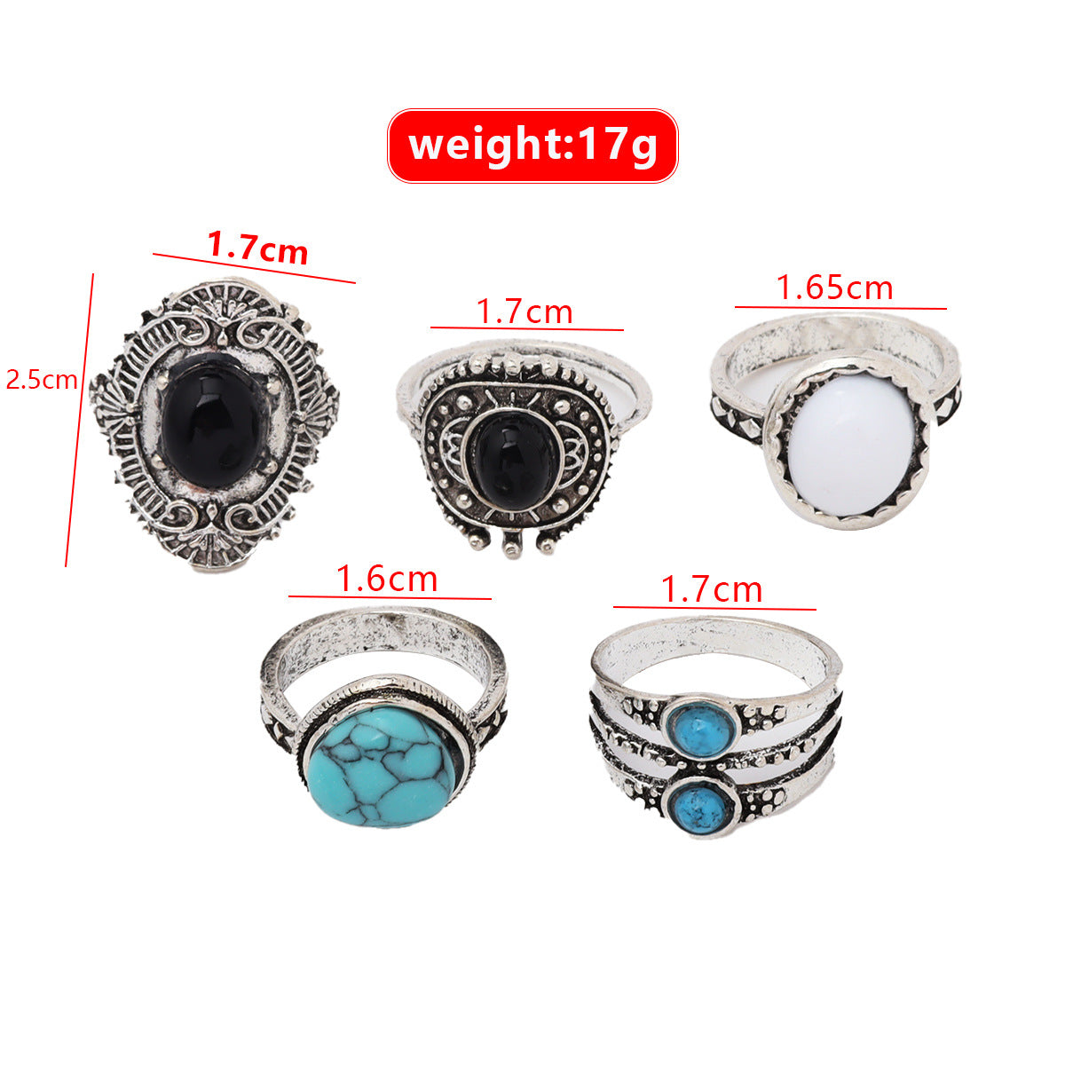 Bohemian Retro Ethnic Style Inlaid Black Onyx Opal Turquoise5Set of Knuckle Ring Ring