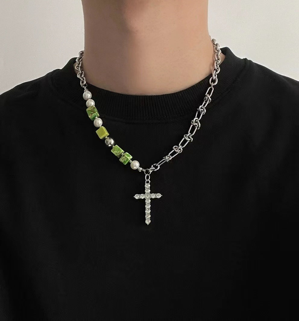 Cross Zircon Non-Fading Titanium Steel Necklace Men's All-Match High Sense Cuban Link Chain Hip Hop Niche Necklace Necklace Fashion