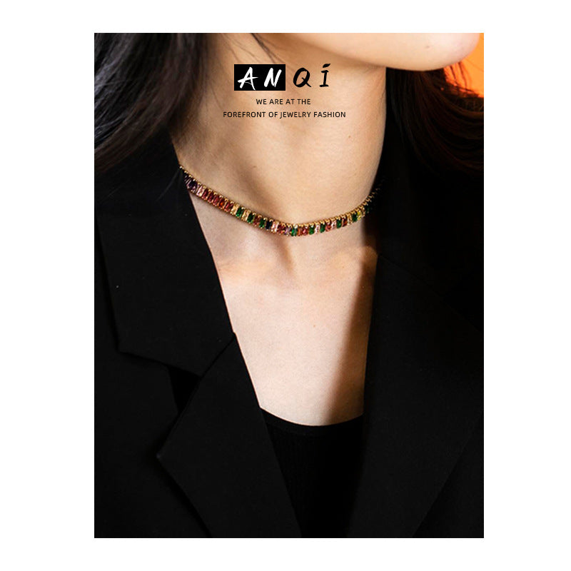 Colorful Square Retro Shining Diamond Zircon Necklace