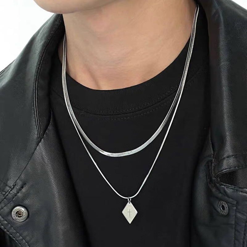 Cross Zircon Non-Fading Titanium Steel Necklace Men's All-Match High Sense Cuban Link Chain Hip Hop Niche Necklace Necklace Fashion